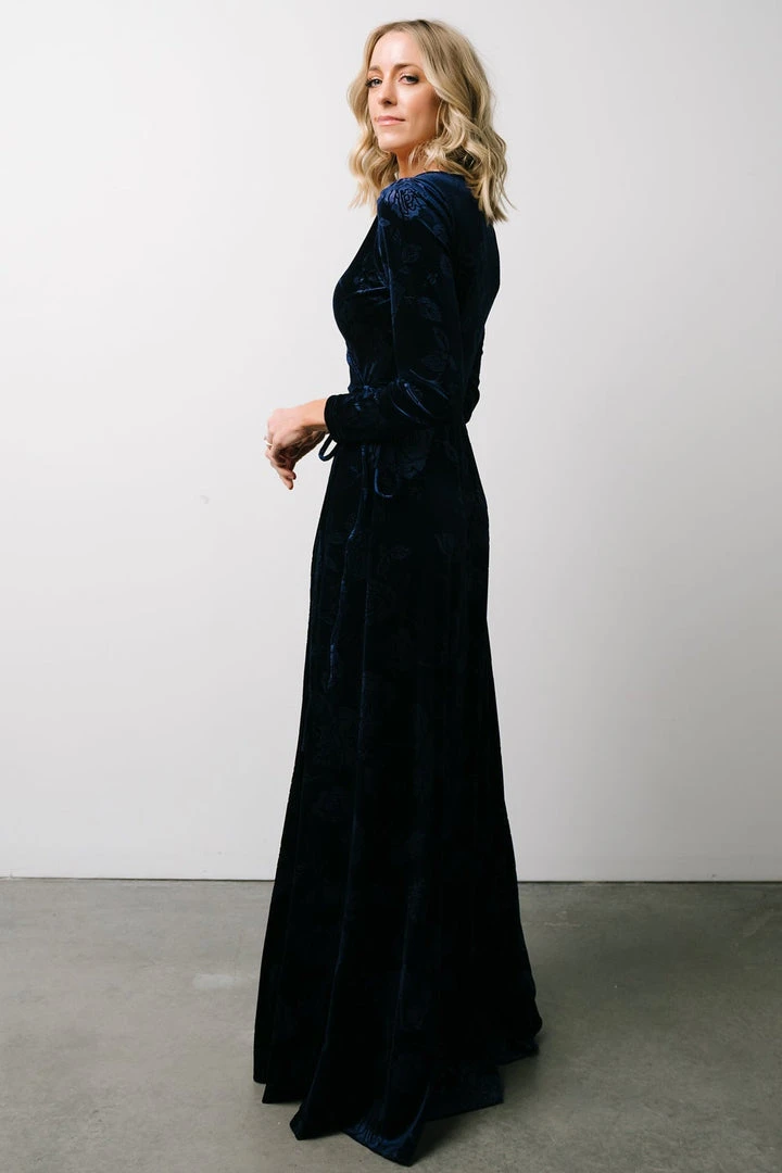 BB Custom Dresses Matthews Embossed Velvet Maxi Dress | Navy BB Custom Dresses Matthews Embossed Velvet Maxi Dress | Navy