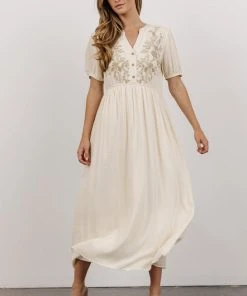 POL Dresses Maven Embroidered Midi Dress | Vintage Cream