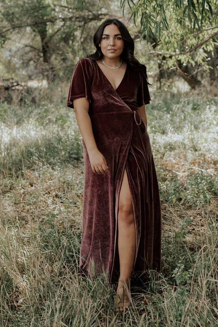 BB Custom Dresses Meghan Velvet Wrap Maxi Dress | Dusty Plum 3 BB Custom Dresses Meghan Velvet Wrap Maxi Dress | Dusty Plum