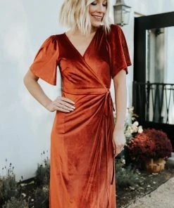 BB Custom Meghan Velvet Wrap Maxi Dress | Rust