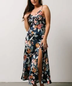DF Dresses Midnight Tropics Satin Dress | Deep Blue Floral