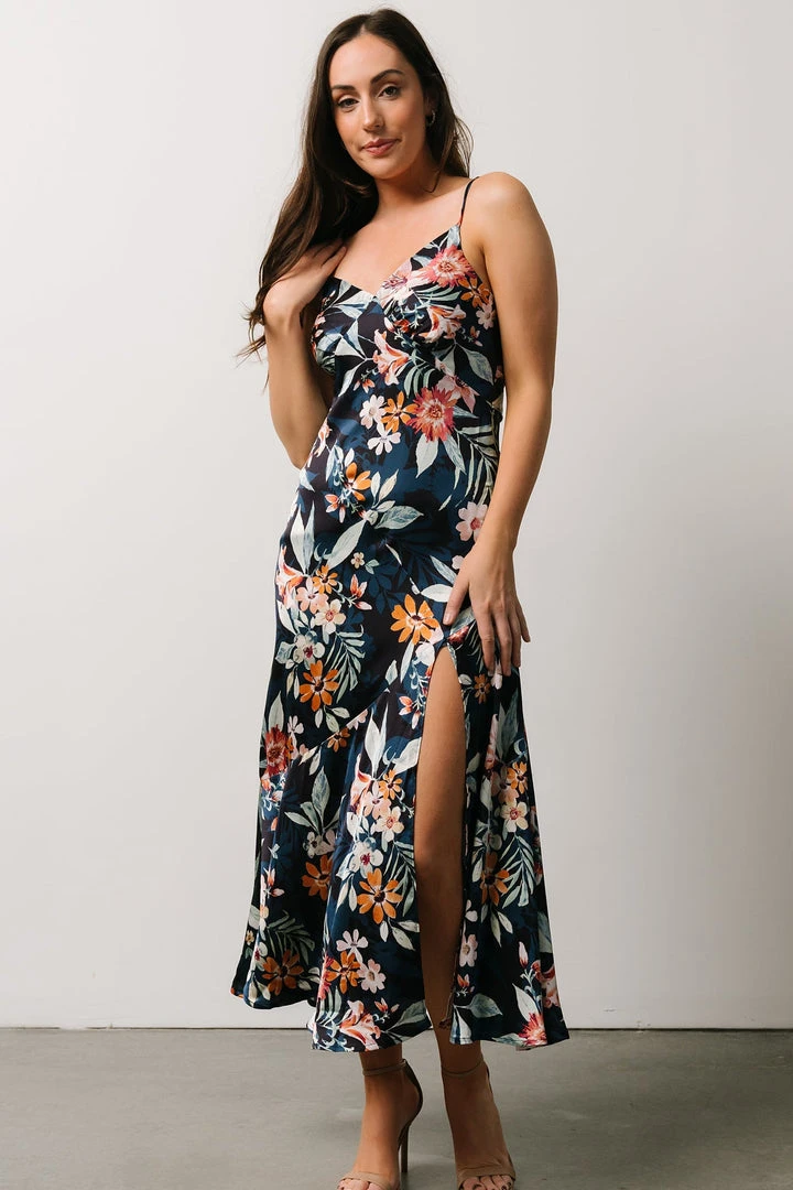 DF Dresses Midnight Tropics Satin Dress | Deep Blue Floral 1 DF Dresses Midnight Tropics Satin Dress | Deep Blue Floral
