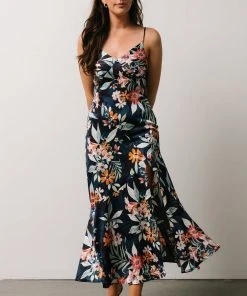 DF Dresses Midnight Tropics Satin Dress | Deep Blue Floral
