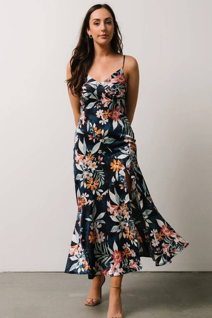 DF Dresses Midnight Tropics Satin Dress | Deep Blue Floral 2 DF Dresses Midnight Tropics Satin Dress | Deep Blue Floral
