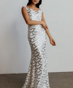 RR Dresses Milan Sequin Gown | White + Silver