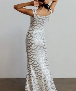RR Dresses Milan Sequin Gown | White + Silver