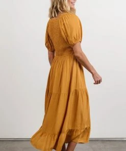 POL Newcastle Embroidered Midi Dress | Mustard