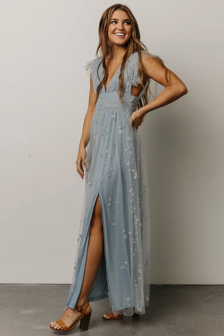 Soi Nova Shimmer Maxi Dress | Dusty Blue + Silver Dresses Soi Nova Shimmer Maxi Dress | Dusty Blue + Silver Dresses