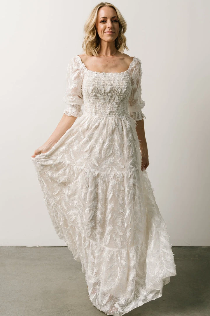 BB Custom Paloma Smocked Feather Maxi Dress | Off White BB Custom Paloma Smocked Feather Maxi Dress | Off White