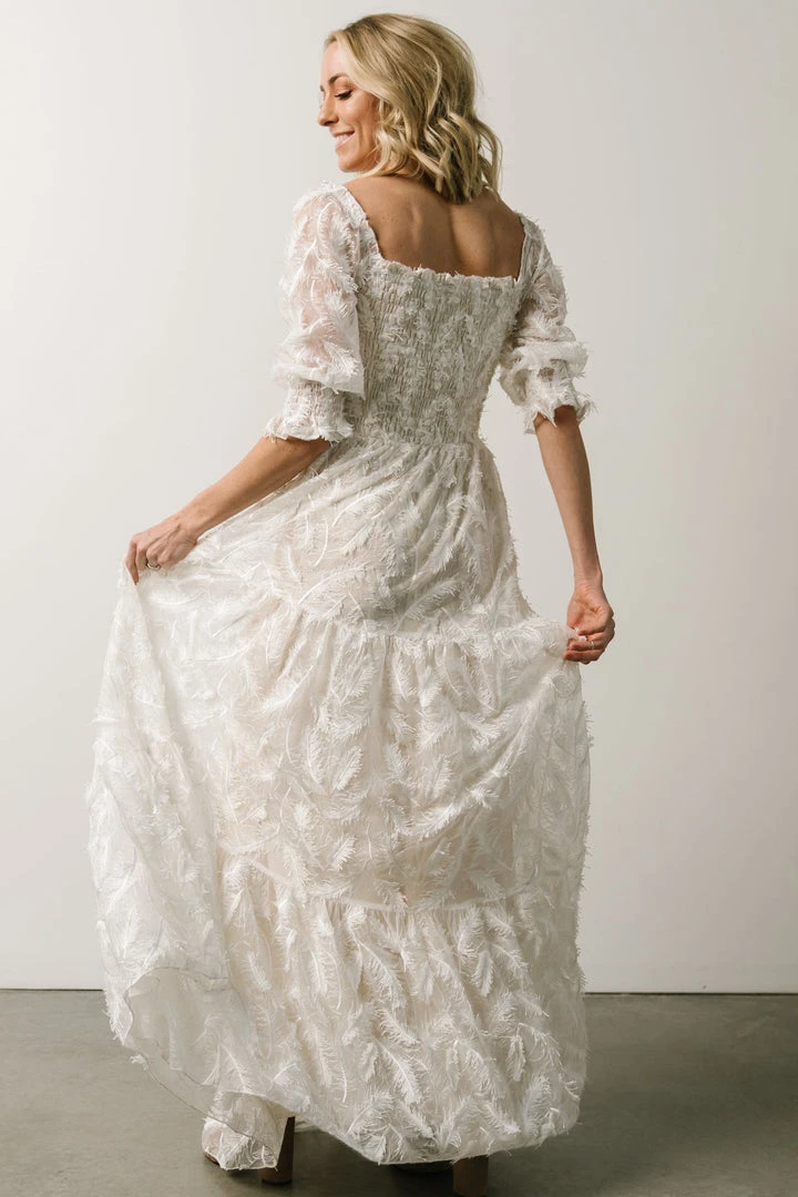 BB Custom Paloma Smocked Feather Maxi Dress | Off White BB Custom Paloma Smocked Feather Maxi Dress | Off White