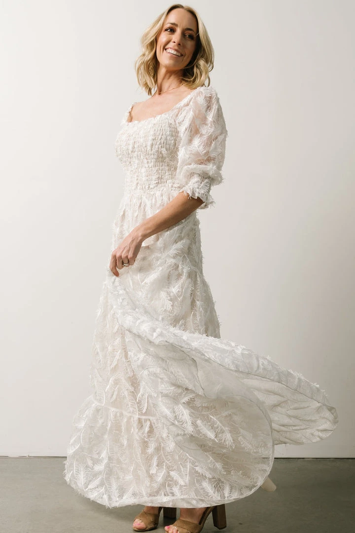 BB Custom Paloma Smocked Feather Maxi Dress | Off White BB Custom Paloma Smocked Feather Maxi Dress | Off White