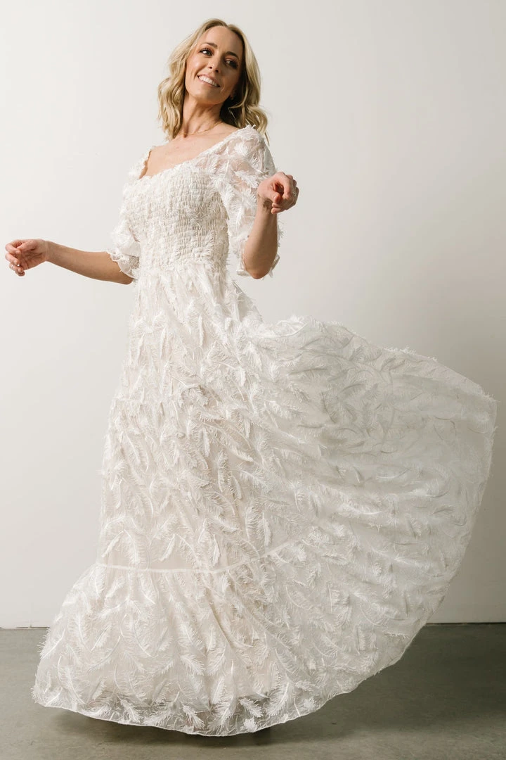 BB Custom Paloma Smocked Feather Maxi Dress | Off White BB Custom Paloma Smocked Feather Maxi Dress | Off White