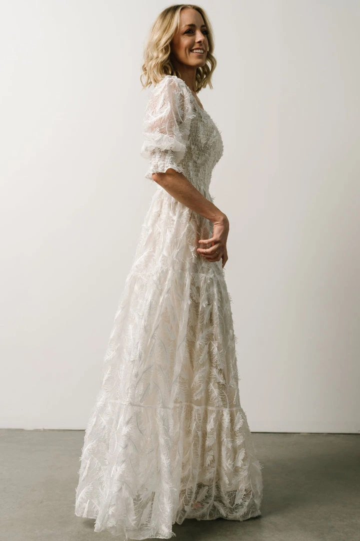 BB Custom Paloma Smocked Feather Maxi Dress | Off White BB Custom Paloma Smocked Feather Maxi Dress | Off White