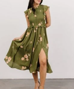 SL Pia Smocked Midi Dress | Olive Floral Shop All
