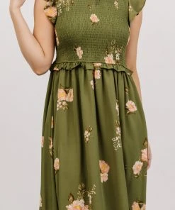 SL Pia Smocked Midi Dress | Olive Floral Shop All