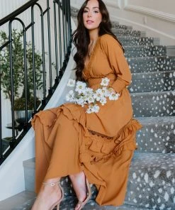 BB Custom Pippa Ruffle Maxi Dress | Camel Dresses