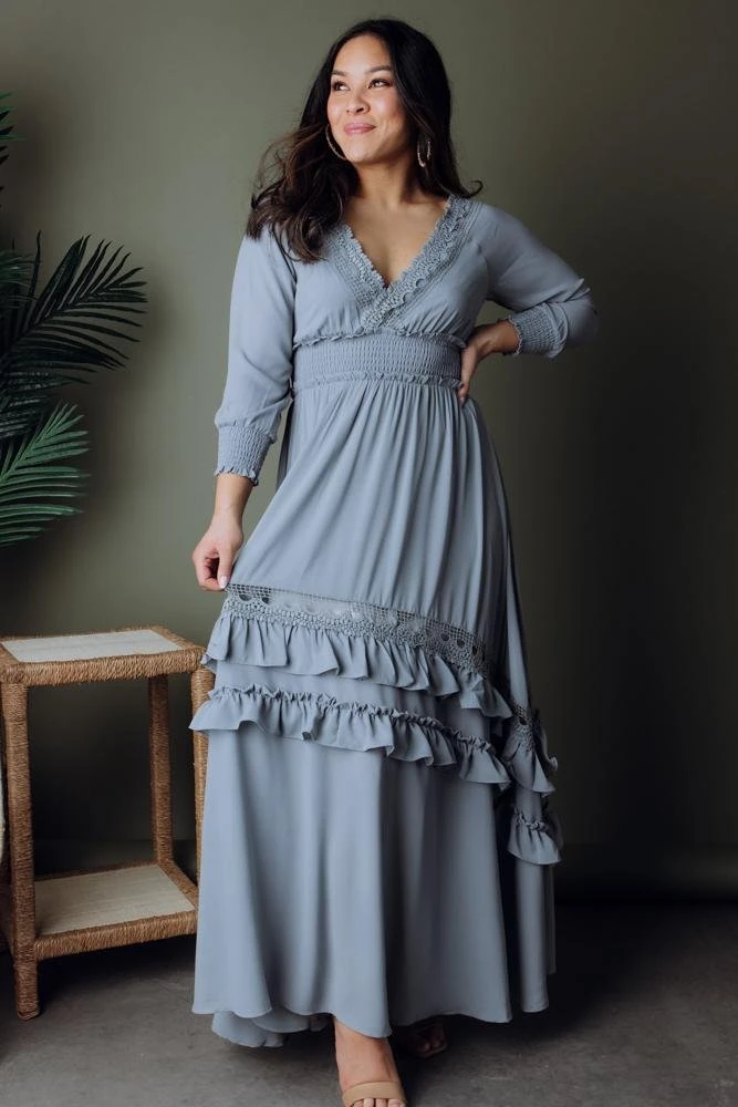 BB Custom Dresses Pippa Ruffle Maxi Dress | Dusty Blue 10 BB Custom Dresses Pippa Ruffle Maxi Dress | Dusty Blue
