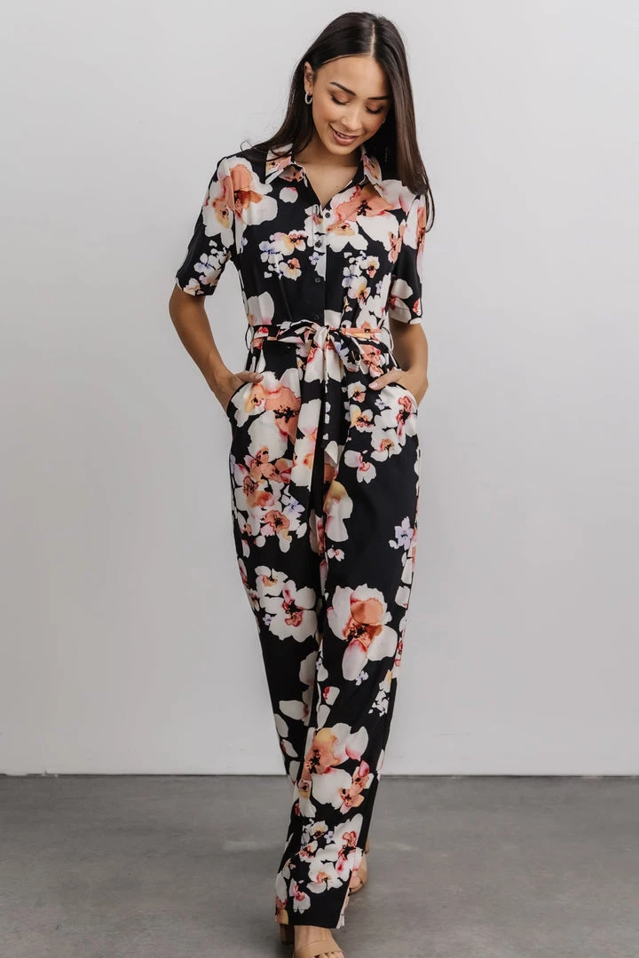 BS Posy Jumpsuit | Black + Pink Floral Vacation BS Posy Jumpsuit | Black + Pink Floral Vacation
