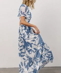 Soi Dresses Ranier Pleated Wrap Maxi Dress | French Blue Print
