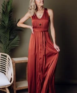 BB Custom Roma Satin Maxi Dress | Rust Dresses