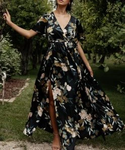 BB Custom Sicily Satin Maxi Dress | Black Floral Dresses