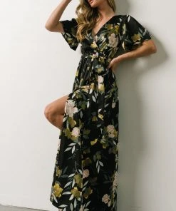 BB Custom Sicily Satin Maxi Dress | Black Floral Dresses