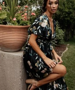 BB Custom Sicily Satin Maxi Dress | Black Floral Dresses