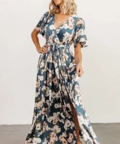 BB Custom Dresses Sicily Satin Maxi Dress | Blue Floral