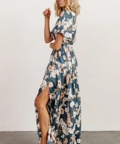 BB Custom Dresses Sicily Satin Maxi Dress | Blue Floral