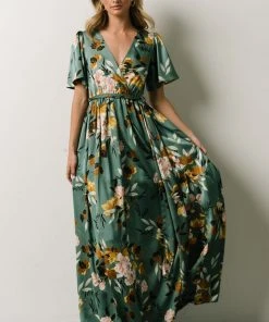 BB Custom Sicily Satin Maxi Dress | Eucalyptus Floral