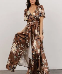 BB Custom Sicily Satin Maxi Dress | Mocha Floral Dresses