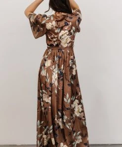 BB Custom Sicily Satin Maxi Dress | Mocha Floral Dresses