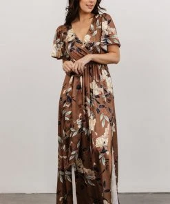 BB Custom Sicily Satin Maxi Dress | Mocha Floral Dresses