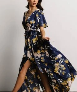 BB Custom Sicily Satin Maxi Dress | Navy Floral