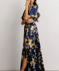 BB Custom Sicily Satin Maxi Dress | Navy Floral