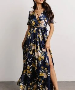 BB Custom Sicily Satin Maxi Dress | Navy Floral