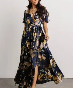 BB Custom Sicily Satin Maxi Dress | Navy Floral