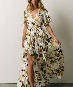 BB Custom Sicily Satin Maxi Dress | Off White Floral