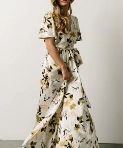 BB Custom Sicily Satin Maxi Dress | Off White Floral