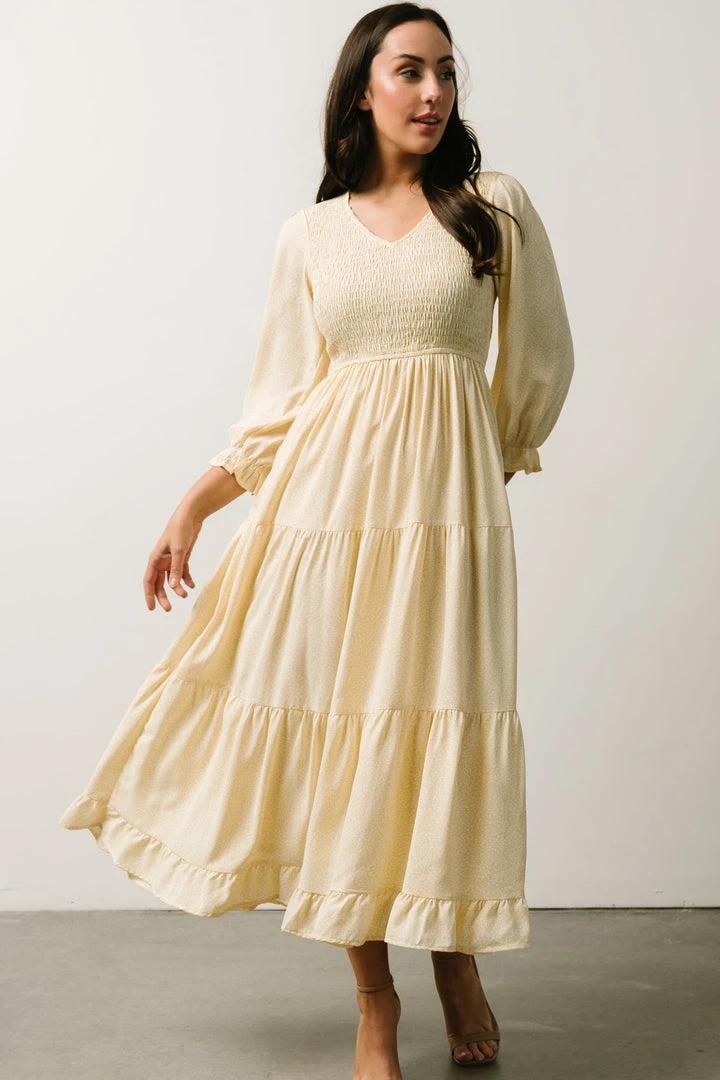 POL Dresses Tarryn Smocked Midi Dress | Light Yellow Floral POL Dresses Tarryn Smocked Midi Dress | Light Yellow Floral