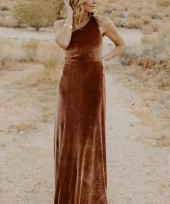 BB Custom Dresses Tatiana Velvet One Shoulder Maxi Dress | Bronze