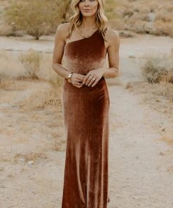 BB Custom Dresses Tatiana Velvet One Shoulder Maxi Dress | Bronze