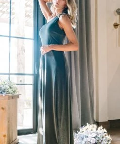 BB Custom Dresses Tatiana Velvet One Shoulder Maxi Dress | Eucalyptus