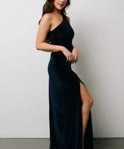 BB Custom Tatiana Velvet One Shoulder Maxi Dress | Navy Dresses