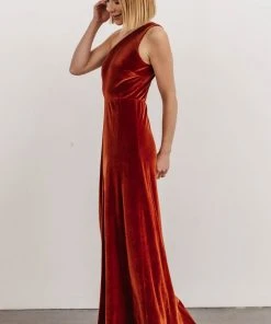 BB Custom Dresses Tatiana Velvet One Shoulder Maxi Dress | Rust