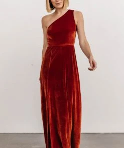 BB Custom Dresses Tatiana Velvet One Shoulder Maxi Dress | Rust