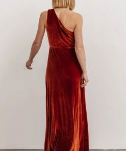 BB Custom Dresses Tatiana Velvet One Shoulder Maxi Dress | Rust