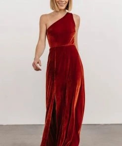 BB Custom Dresses Tatiana Velvet One Shoulder Maxi Dress | Rust