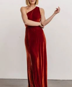 BB Custom Dresses Tatiana Velvet One Shoulder Maxi Dress | Rust