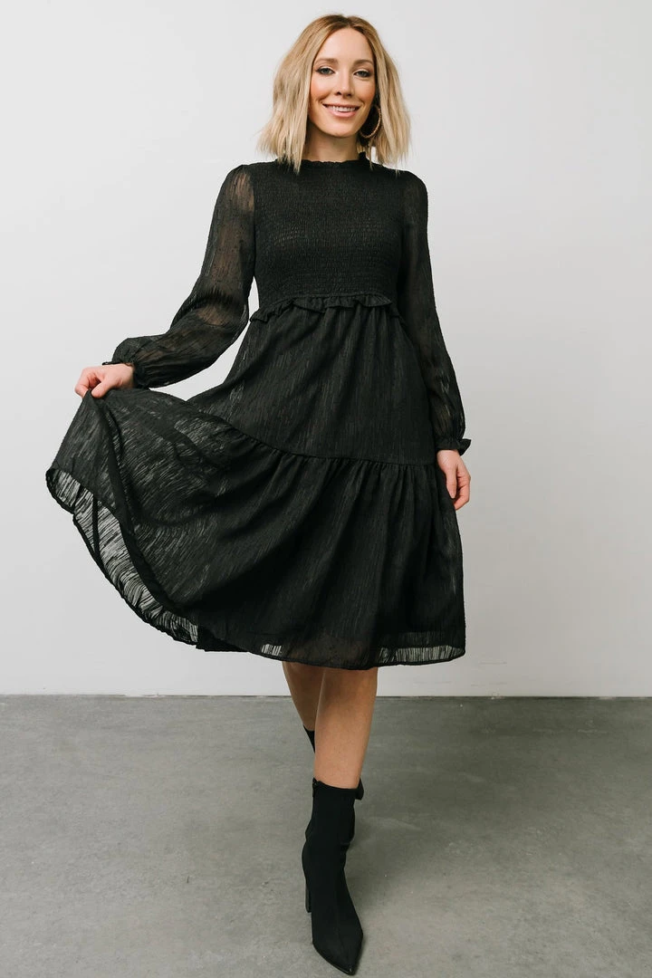 HAY Trinity Smocked Dotted Midi Dress | Black Dresses 1 HAY Trinity Smocked Dotted Midi Dress | Black Dresses